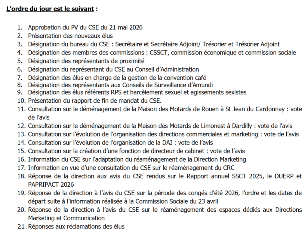 Ordre du jour du prochain CSE qui aura lieu le jeudi 25 juin à 2026