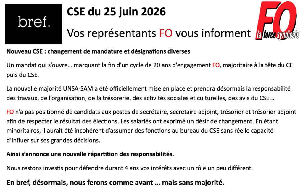 BREF FO, le résumé du CSE du 25 juin 2026