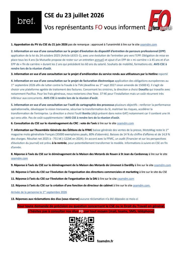 BREF FO : l’essentiel de la réunion du CSE de Juillet 2026