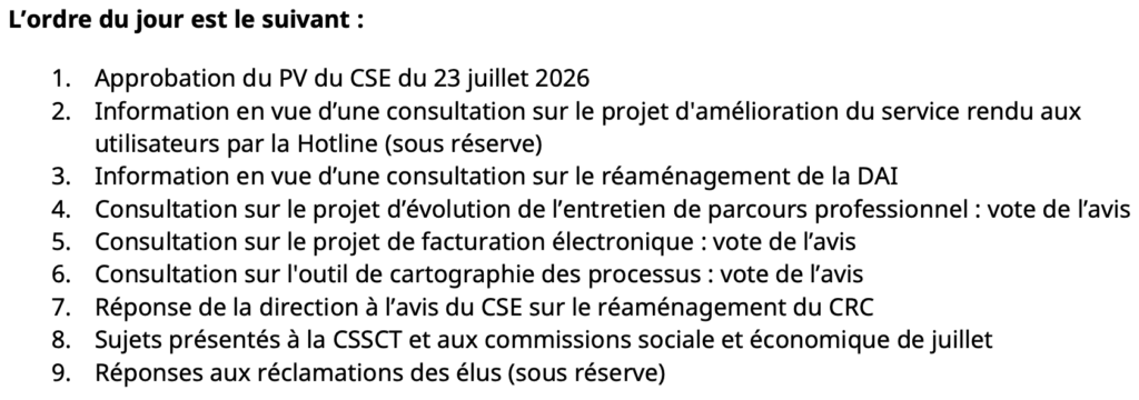 ODJ du CSE du 27 août 2026