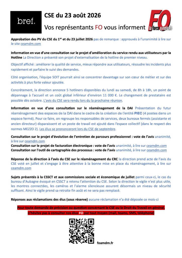 BREF FO CSE, l’essentiel de la réunion du 27 août en une page
