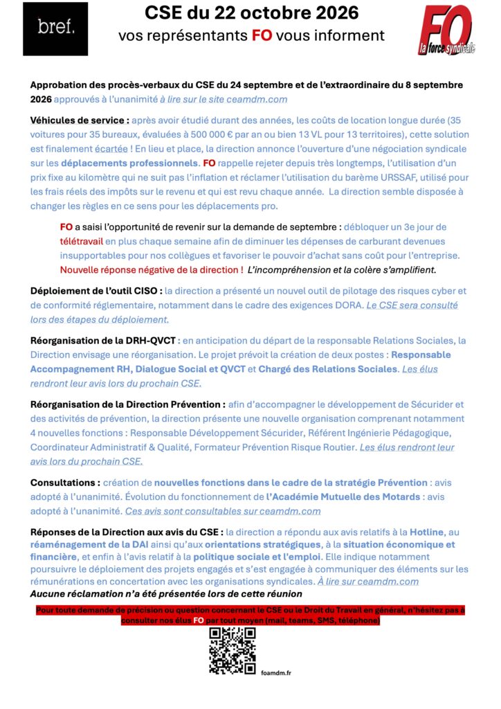 BREF FO, l’essention du CSE d’Octobre