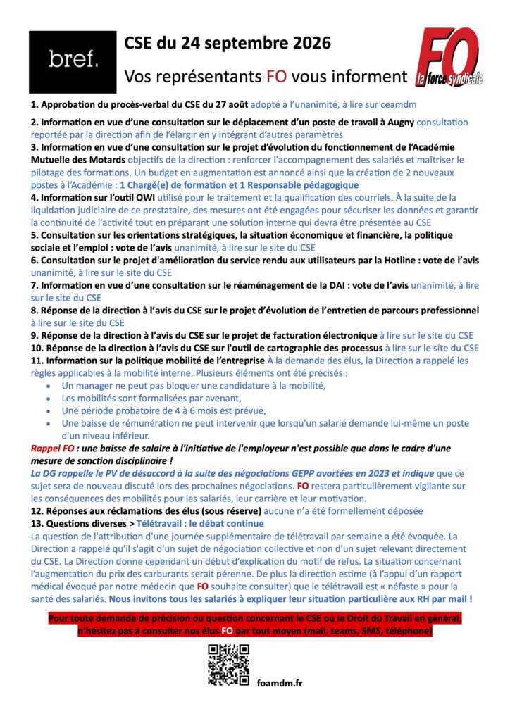 BREF FO de Septembre 2026, l’essentiel du CSE
