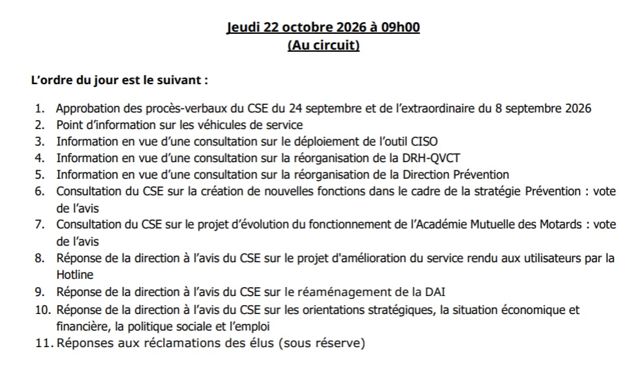 Prochain CSE, le 22 octobre, voici l’ODJ :
